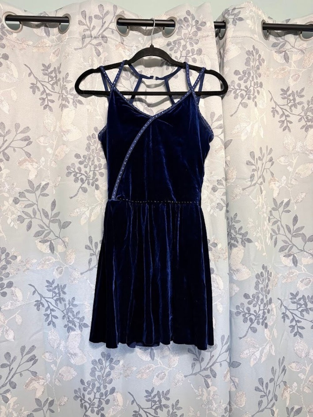 Dance Costume - Adult Medium - Blue Velvet Dress with Stoned Trim,